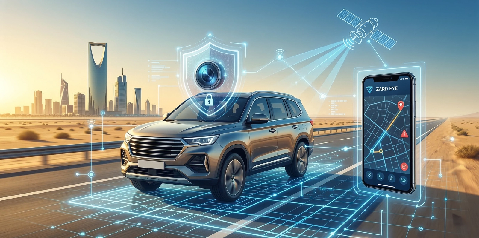 Modern vehicle on a Riyadh highway secured by Zard Eye GPS tracking, AI dashcam technology, and mobile app interface.