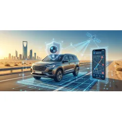 Modern vehicle on a Riyadh highway secured by Zard Eye GPS tracking, AI dashcam technology, and mobile app interface.