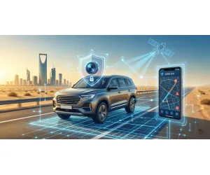 Modern vehicle on a Riyadh highway secured by Zard Eye GPS tracking, AI dashcam technology, and mobile app interface.